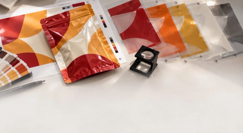Colour separations of a pouch design on a desk
