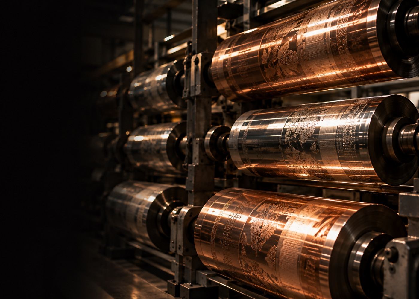 Engraved gravure cylinders lined up on a rack