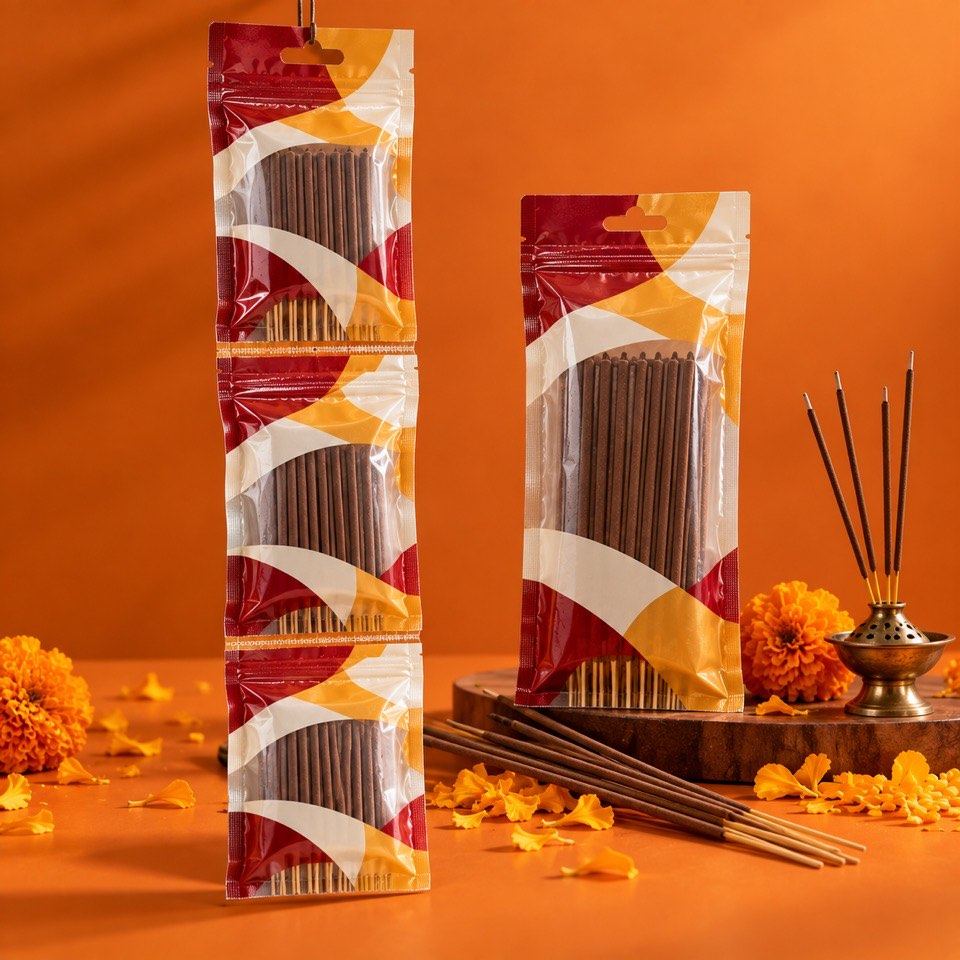 Incense sticks in a perforated string of pouches
