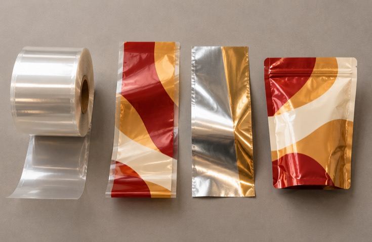 A film reel, a laminated sheet and a finished pouch side by side