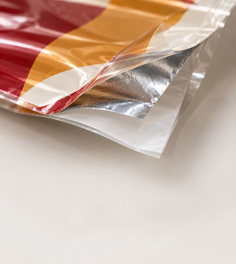 Three film layers peeled apart to show a laminate