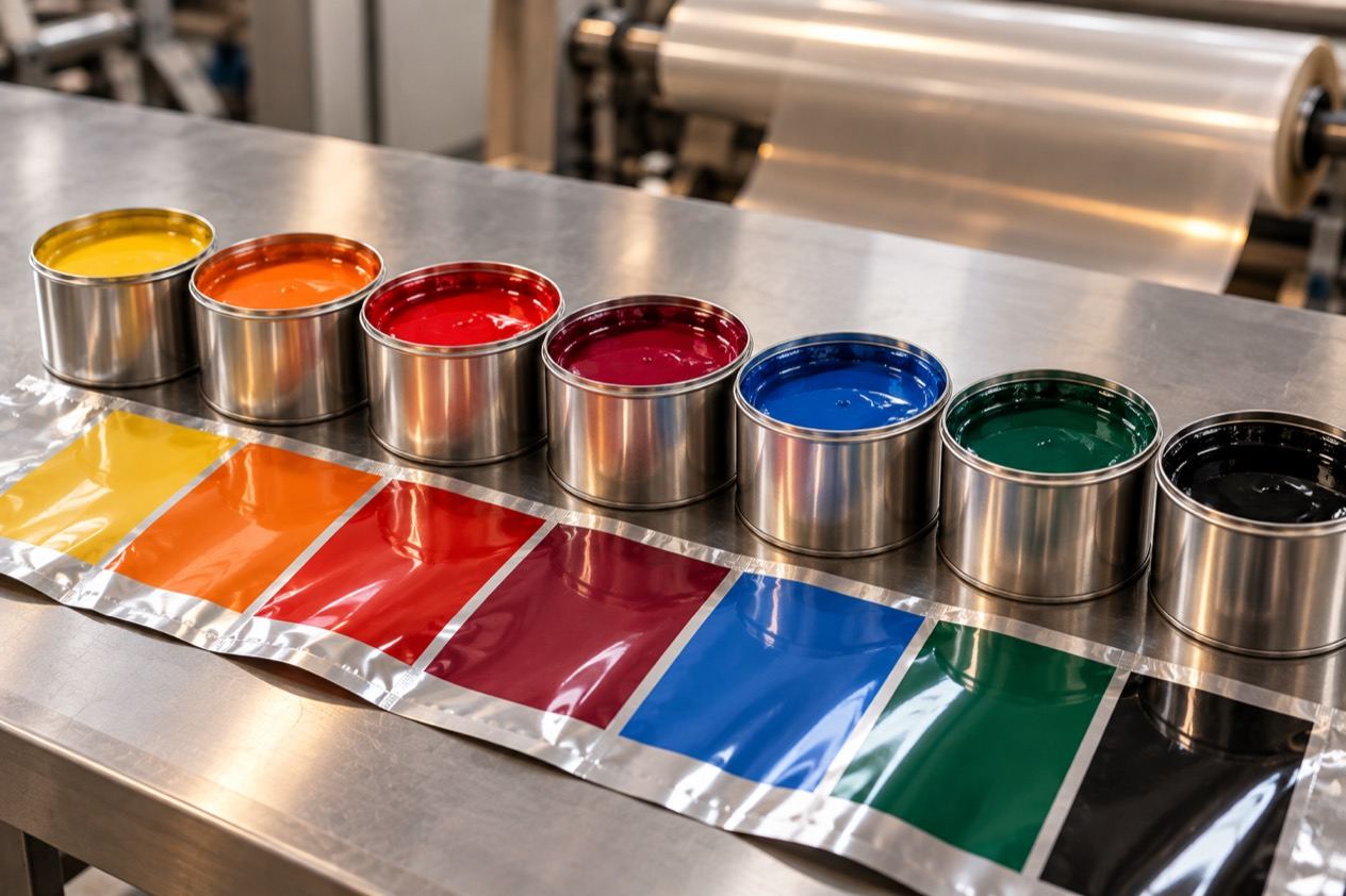 Seven ink colours in open tins beside printed film