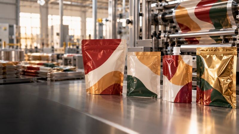 A row of finished stand-up, flat and spout pouches