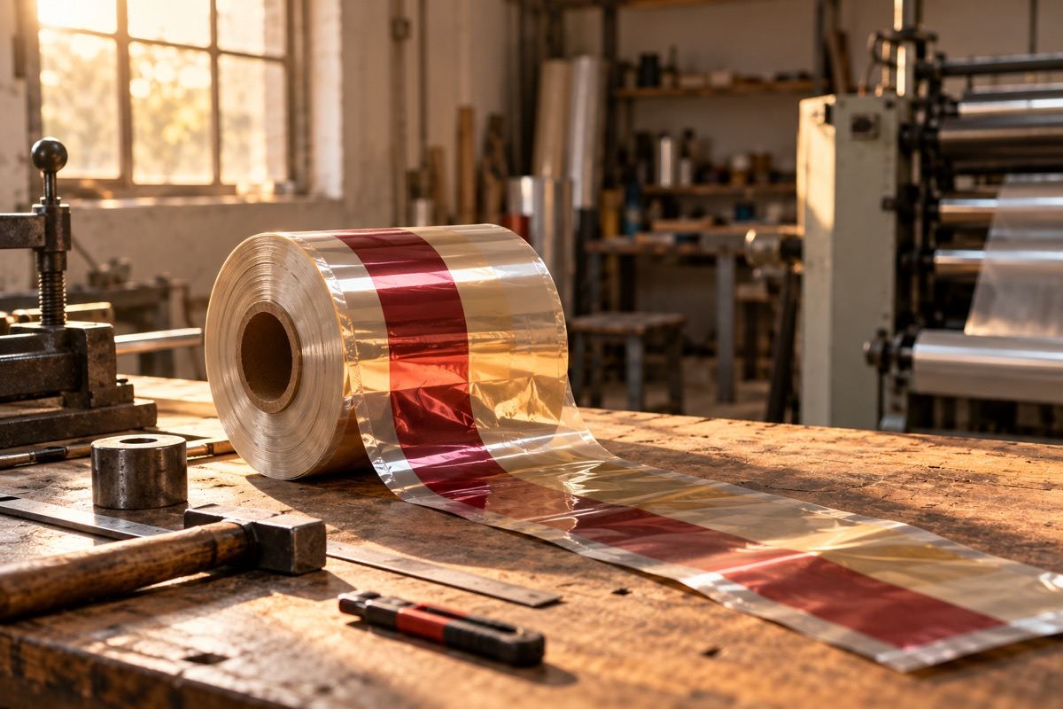 A small reel of printed film on a workbench