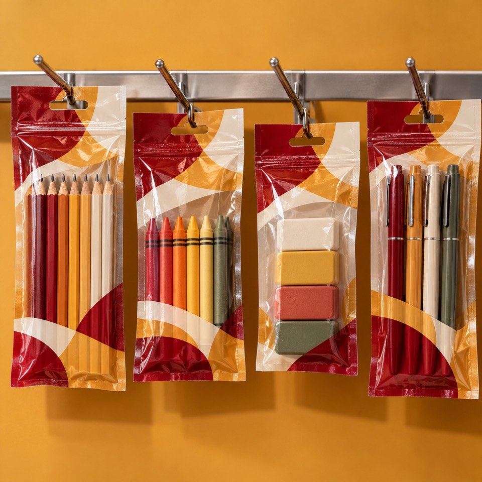 Pencils and crayons in clear hanging bags