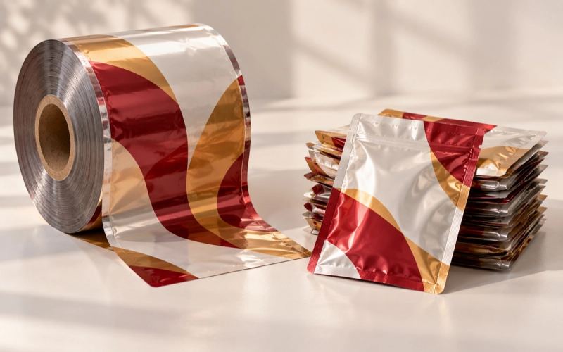 A reel of printed film beside a stack of finished pouches
