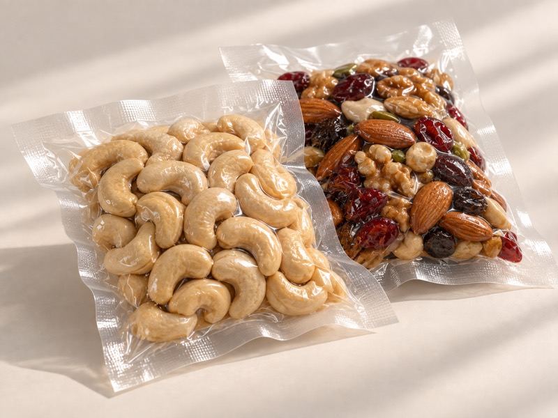 Vacuum-packed nuts in clear pouches
