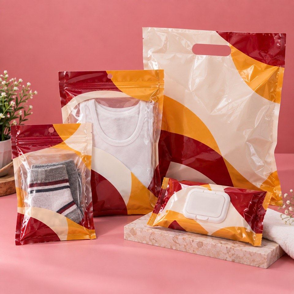 Garments and wipes in printed carry bags