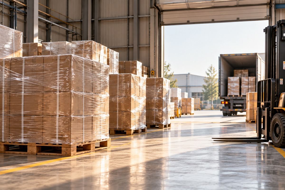 Cartons of pouches on pallets ready for dispatch
