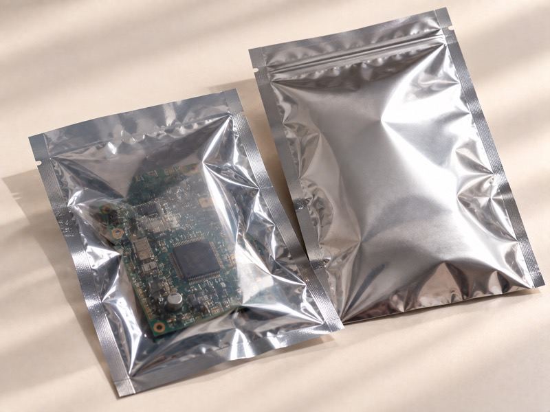 A circuit board in a silver anti-static bag