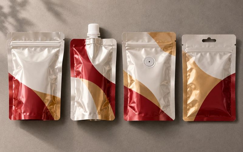 Pouches with a zipper, a spout, a valve and a hang hole