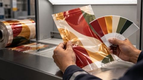 A printed film sample being compared with a colour swatch