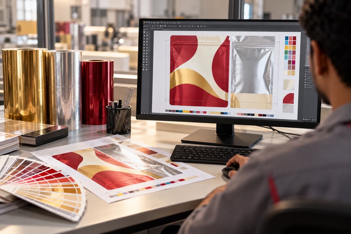 A pre-press operator checking a pouch layout on screen