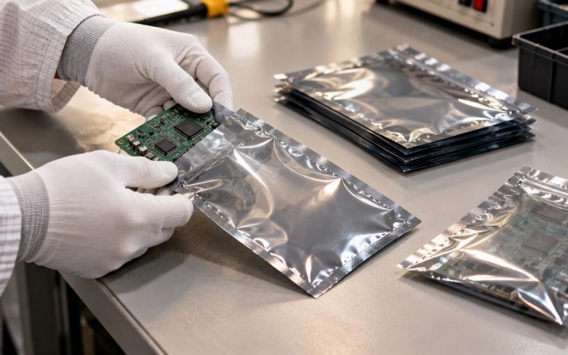 A circuit board being slid into an anti-static pouch