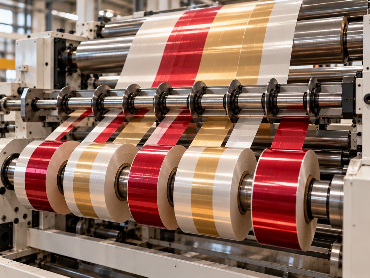 A wide roll being slit into narrower reels
