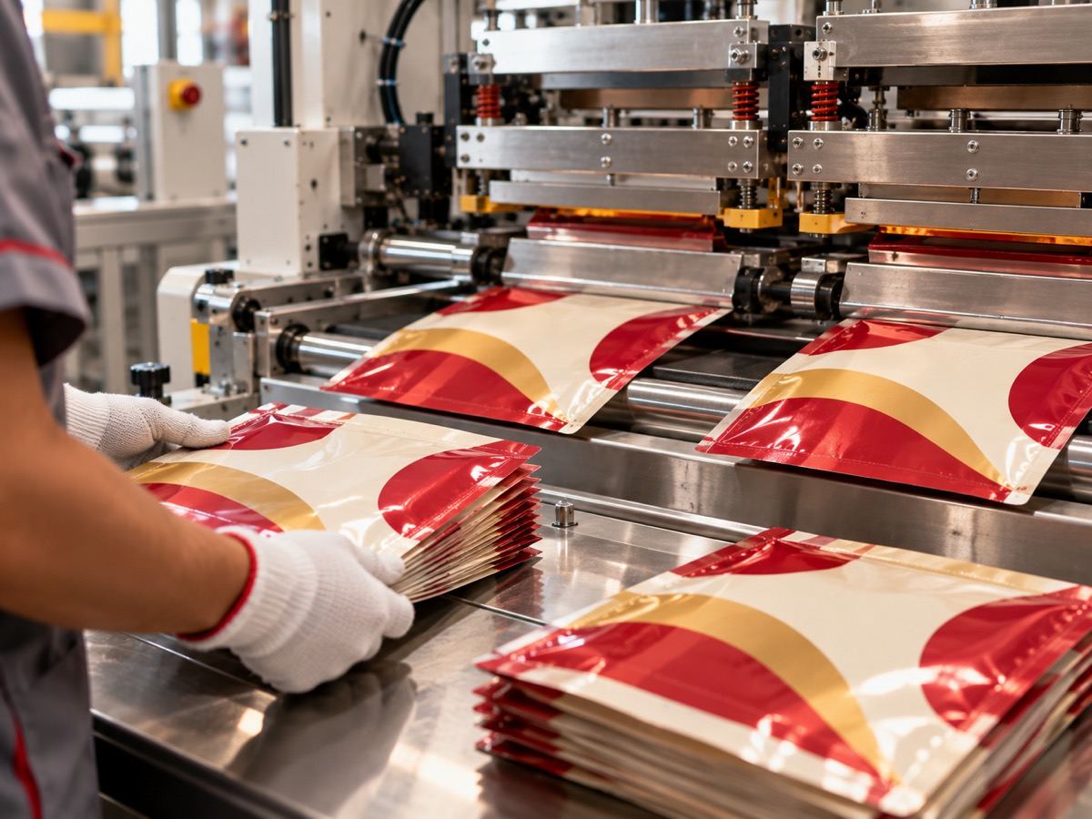 Finished pouches coming off a pouching machine