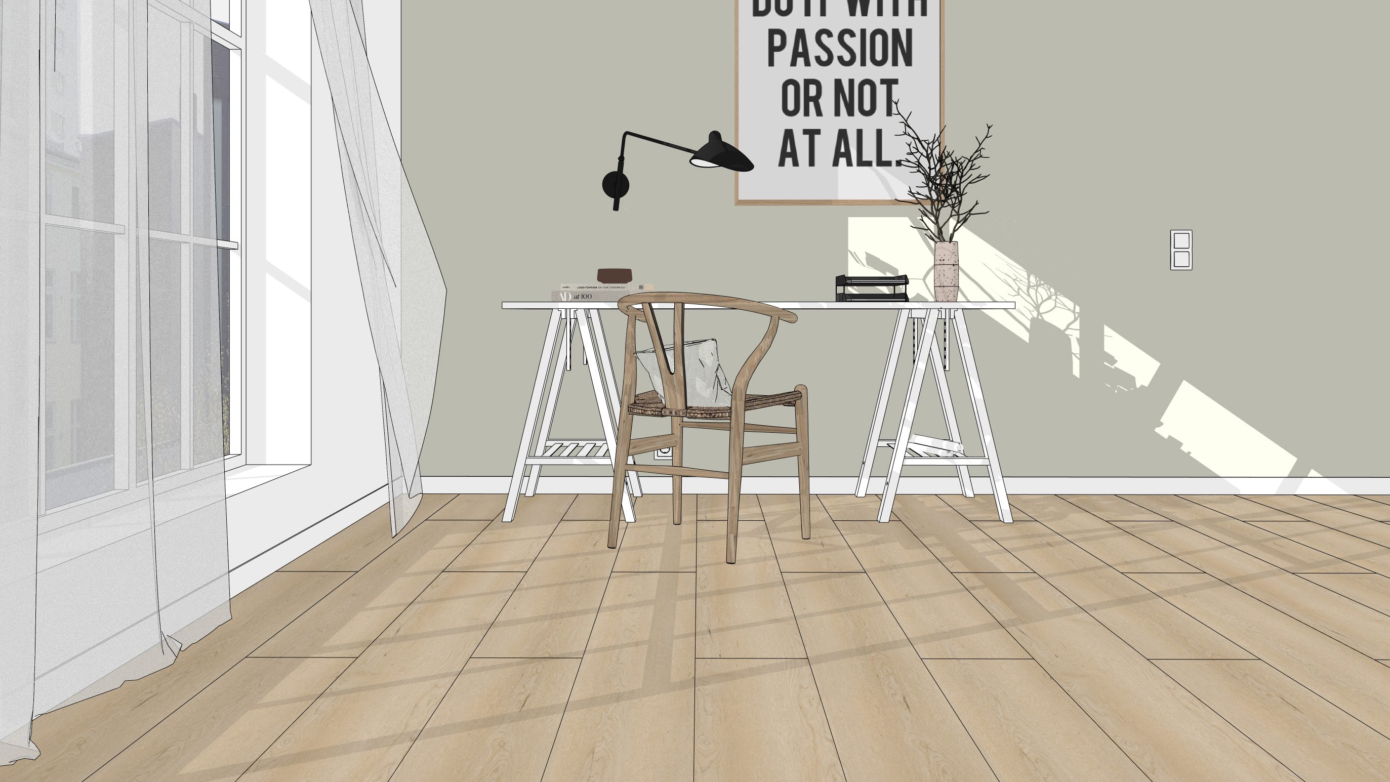 Layout Wineo Shooting Arbeitszimmer, mit hellem Boden und minimalistisch gestalteten Arbeitsbereich