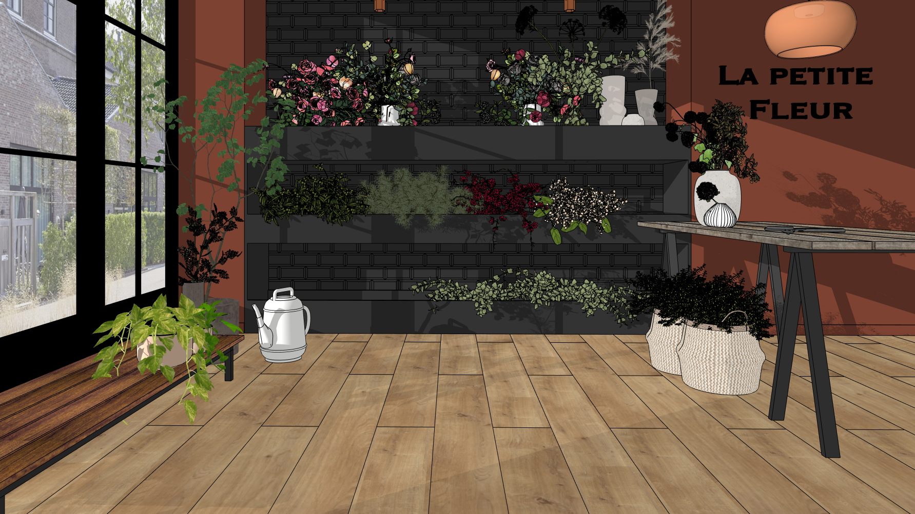 Layout Wineo Shooting dunkler Blumenladen mit schönem warmen Holzfußboden