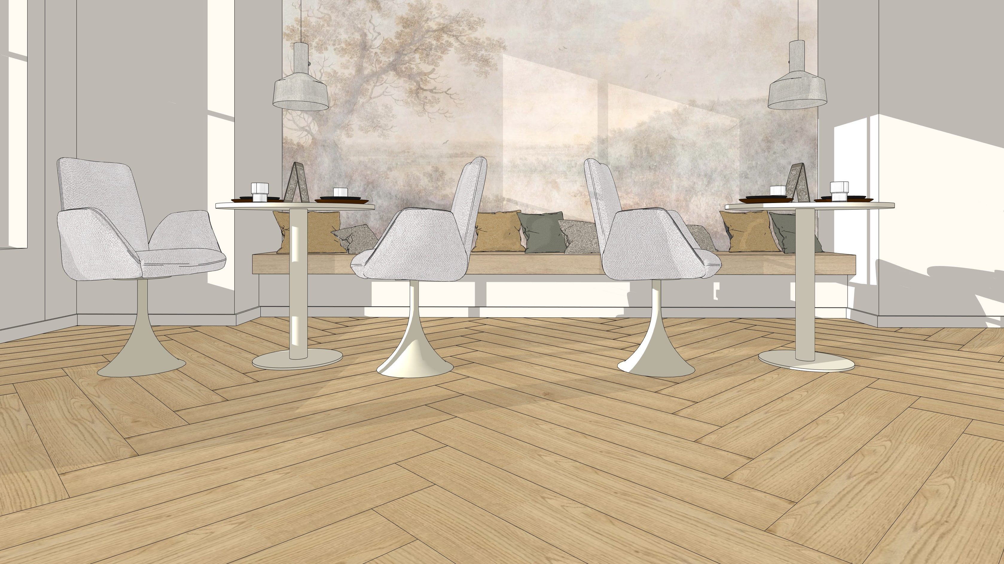 Layout Wineo Shooting Restaurant mit Sitzgruppen und tollem Boden