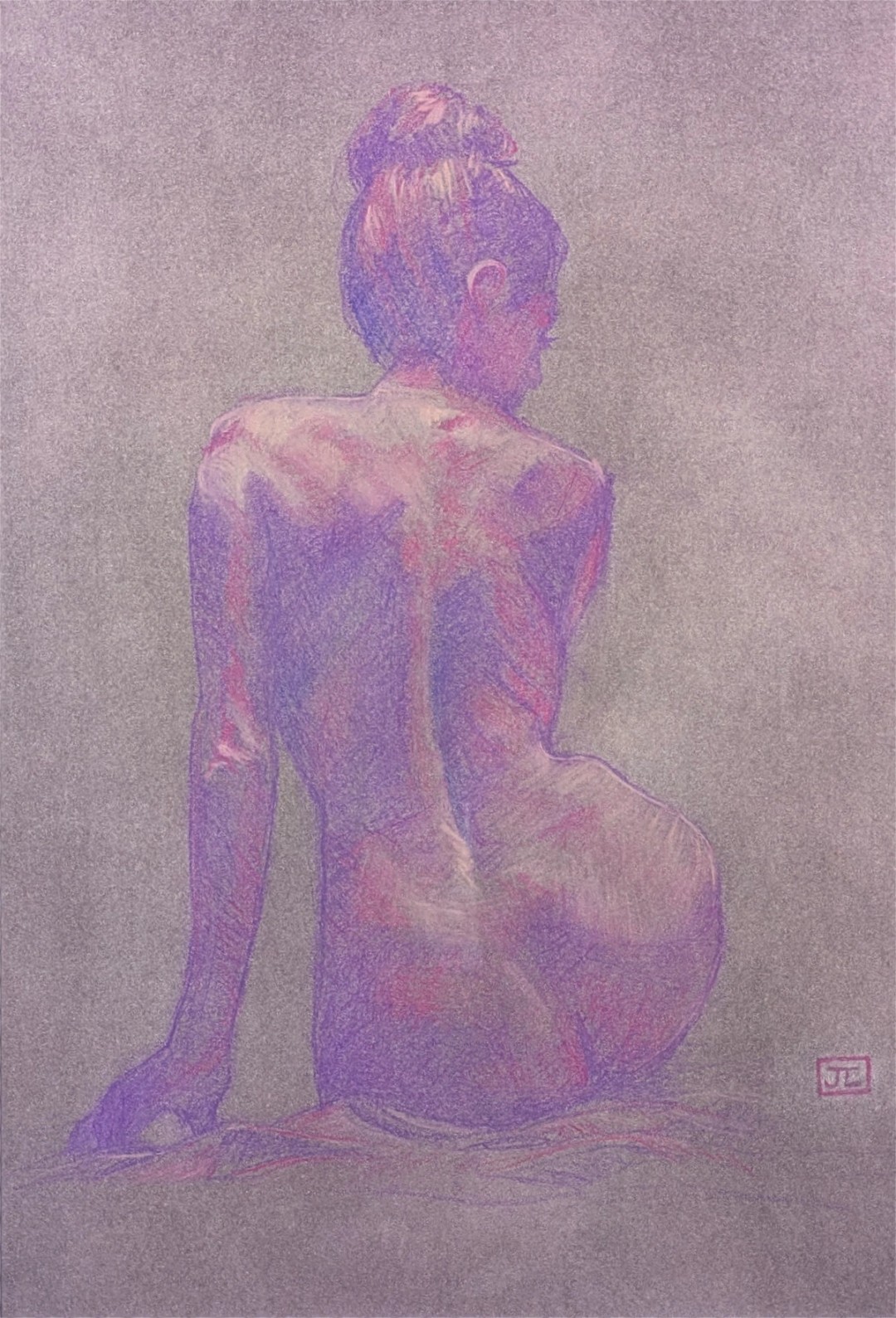 A pastel drawing of a seated woman's back