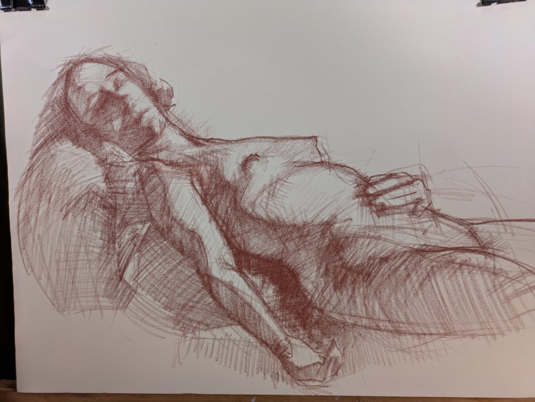 A pastel drawing of a woman lying on her back