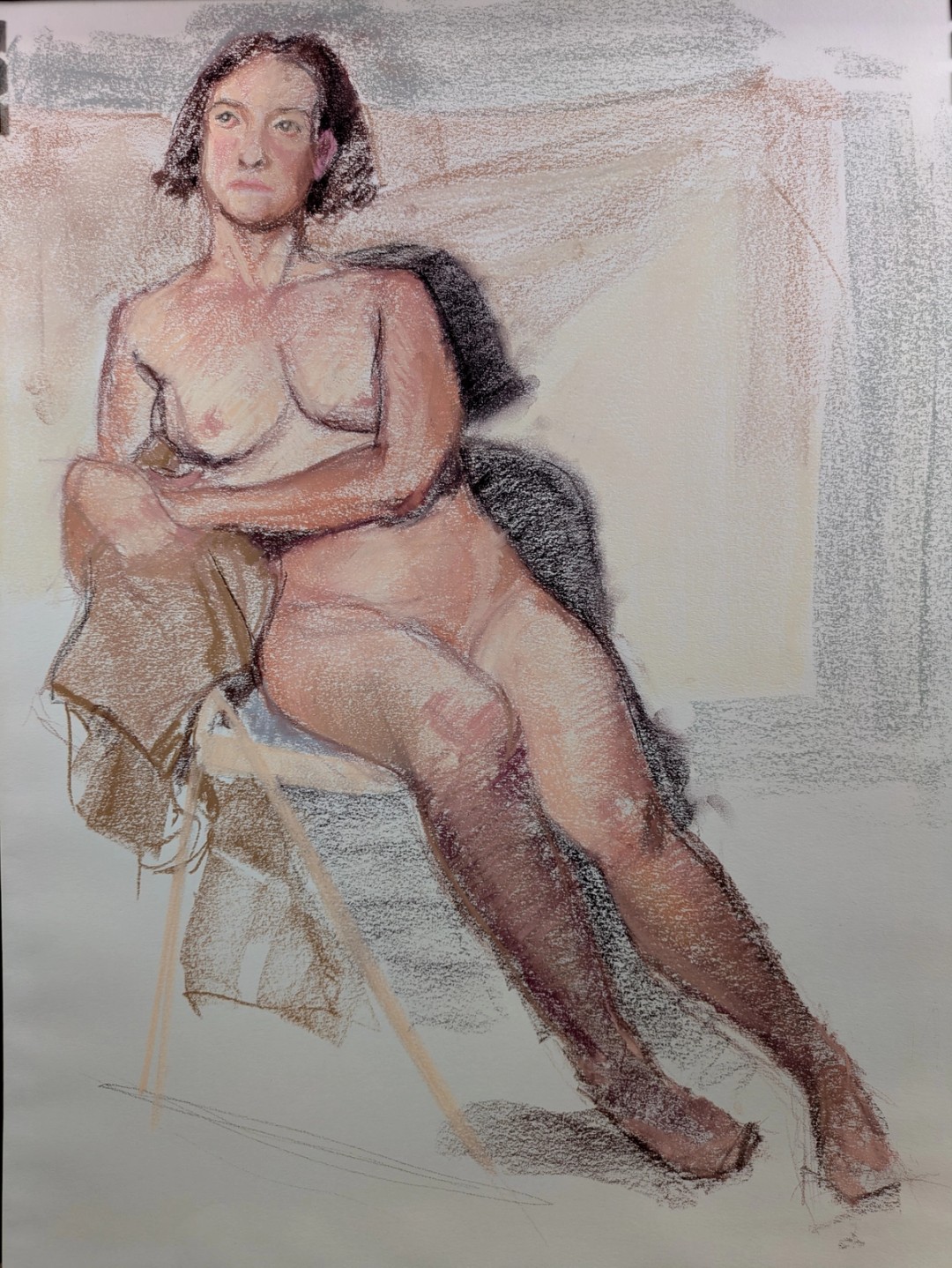 A pastel drawing of a woman seated on a chair