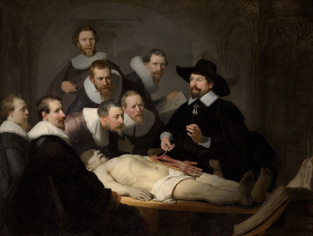 Rembrandt’s The Anatomy Lesson of Dr. Nicolaes Tulp: surgeons gathered around a cadaver’s dissected forearm.