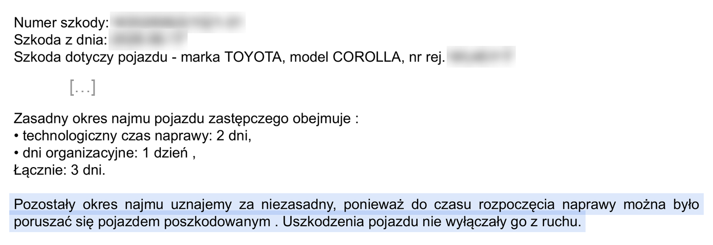 Fragment pisma ubezpieczyciela: z okresu najmu uznano 3 dni (2 dni naprawy, 1 dzień organizacyjny), resztę odrzucono, bo auto było jezdne