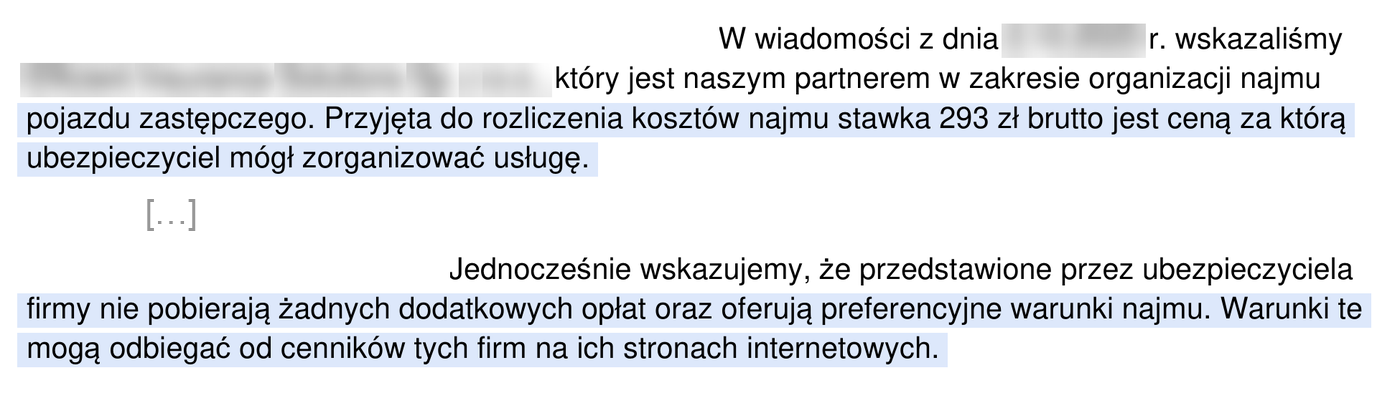 Fragment pisma ubezpieczyciela: do rozliczenia najmu przyjęto 293 zł brutto za dobę, bo za tyle auto zorganizowałby partner ubezpieczyciela