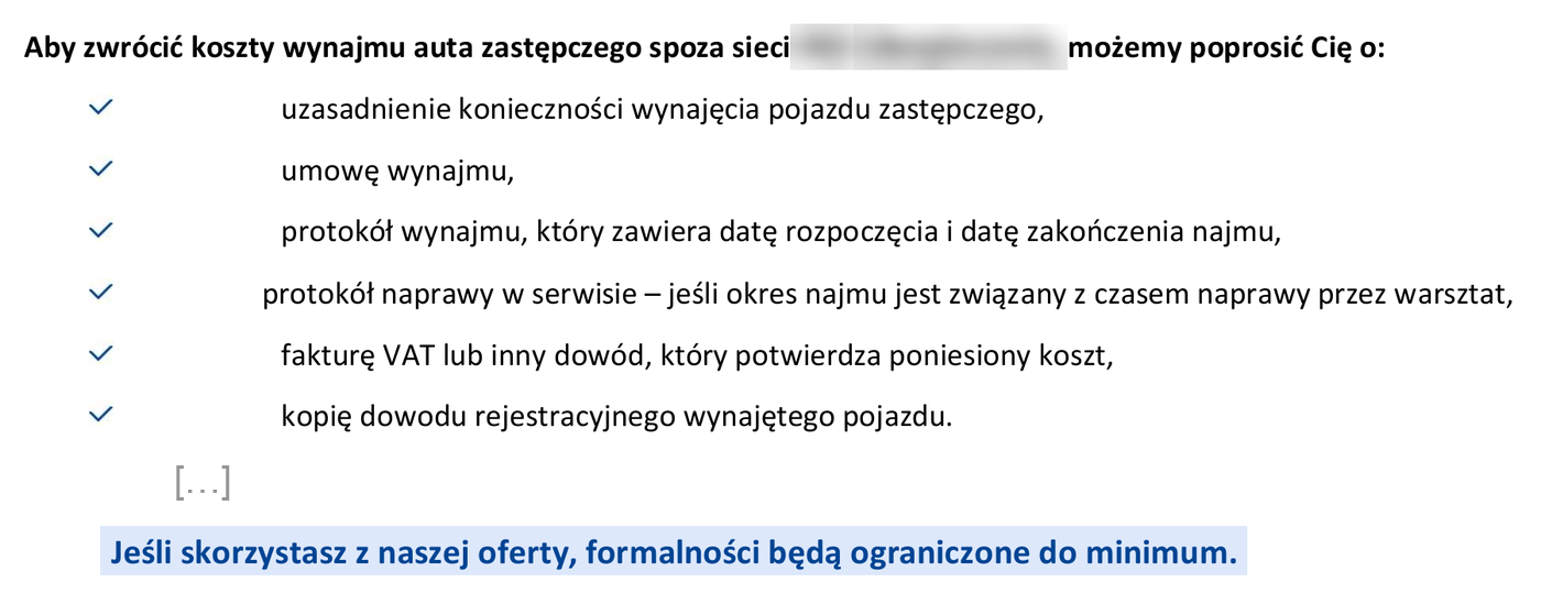 Fragment materiałów ubezpieczyciela: lista dokumentów, o które może poprosić przy zwrocie kosztów auta zastępczego wynajętego spoza jego sieci