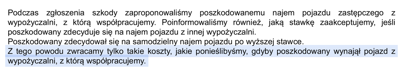 Fragment pisma ubezpieczyciela: poszkodowany wynajął auto drożej, więc zwrot obcięto do stawki wypożyczalni współpracującej z ubezpieczycielem