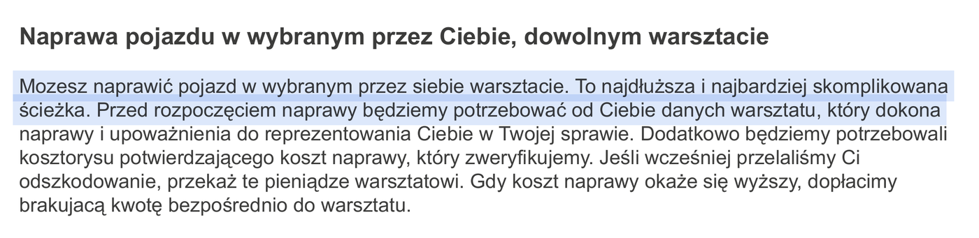 Fragment pisma ubezpieczyciela: naprawa w warsztacie wybranym przez poszkodowanego opisana jako najdłuższa i najbardziej skomplikowana ścieżka