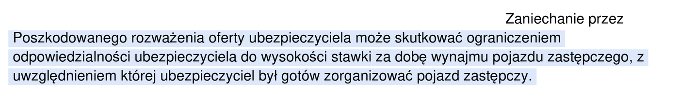 Fragment pisma ubezpieczyciela OC: nierozważenie jego oferty najmu może ograniczyć zwrot do stawki, po której sam zorganizowałby auto