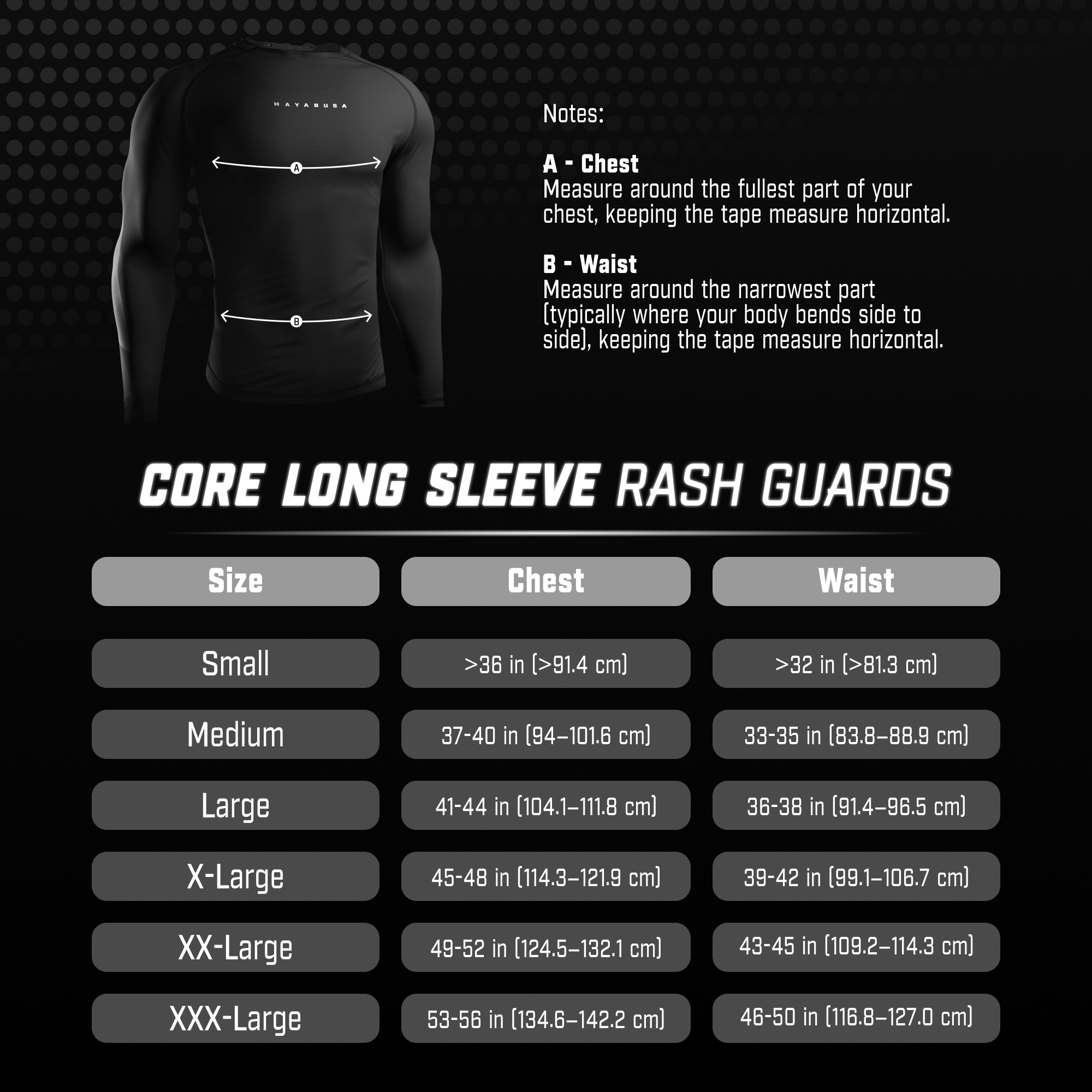 Hayabusa Men’s Core Long Sleeve Rash Guard Size Chart