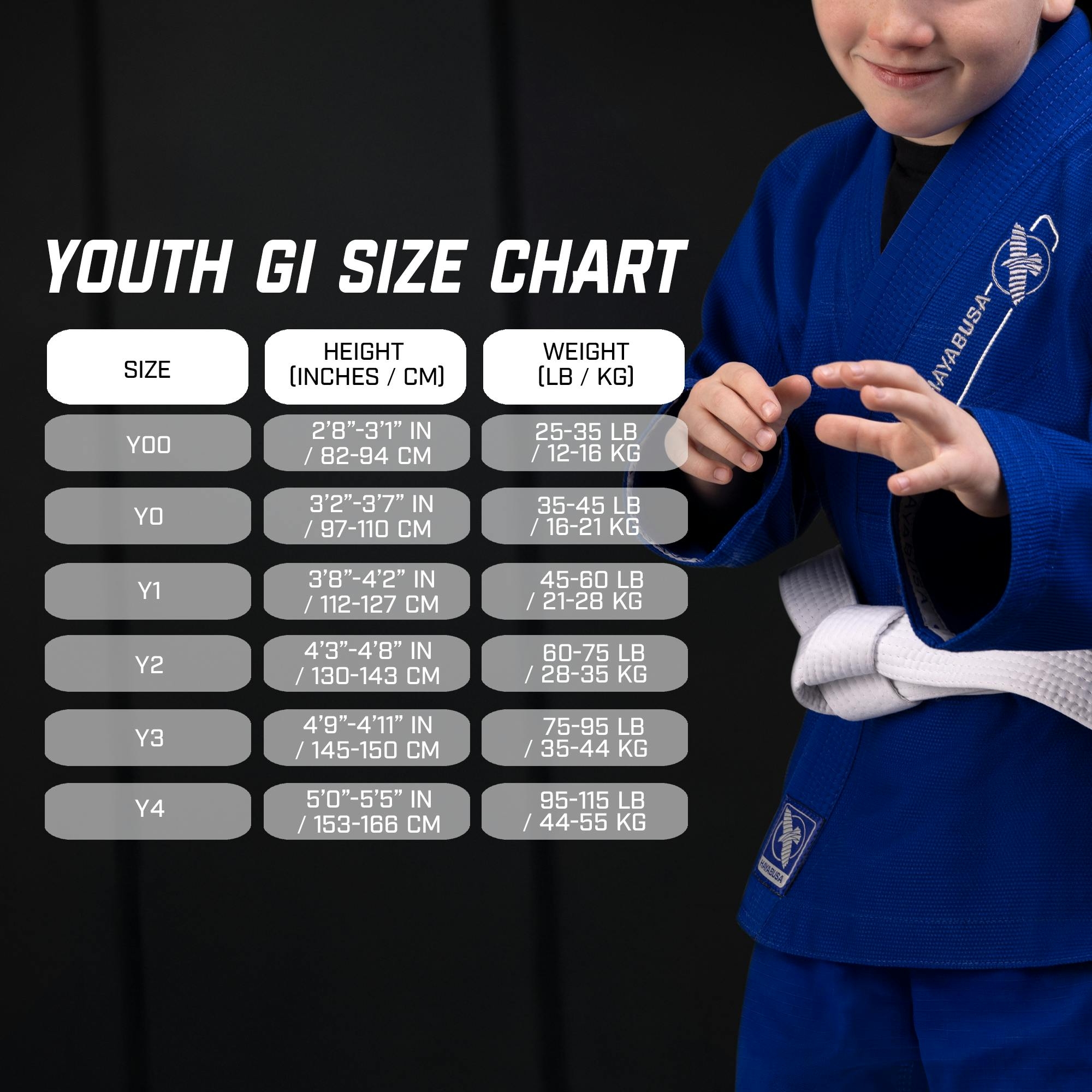 Hayabusa Essential Kids Jiu-Jitsu Gi Size Chart