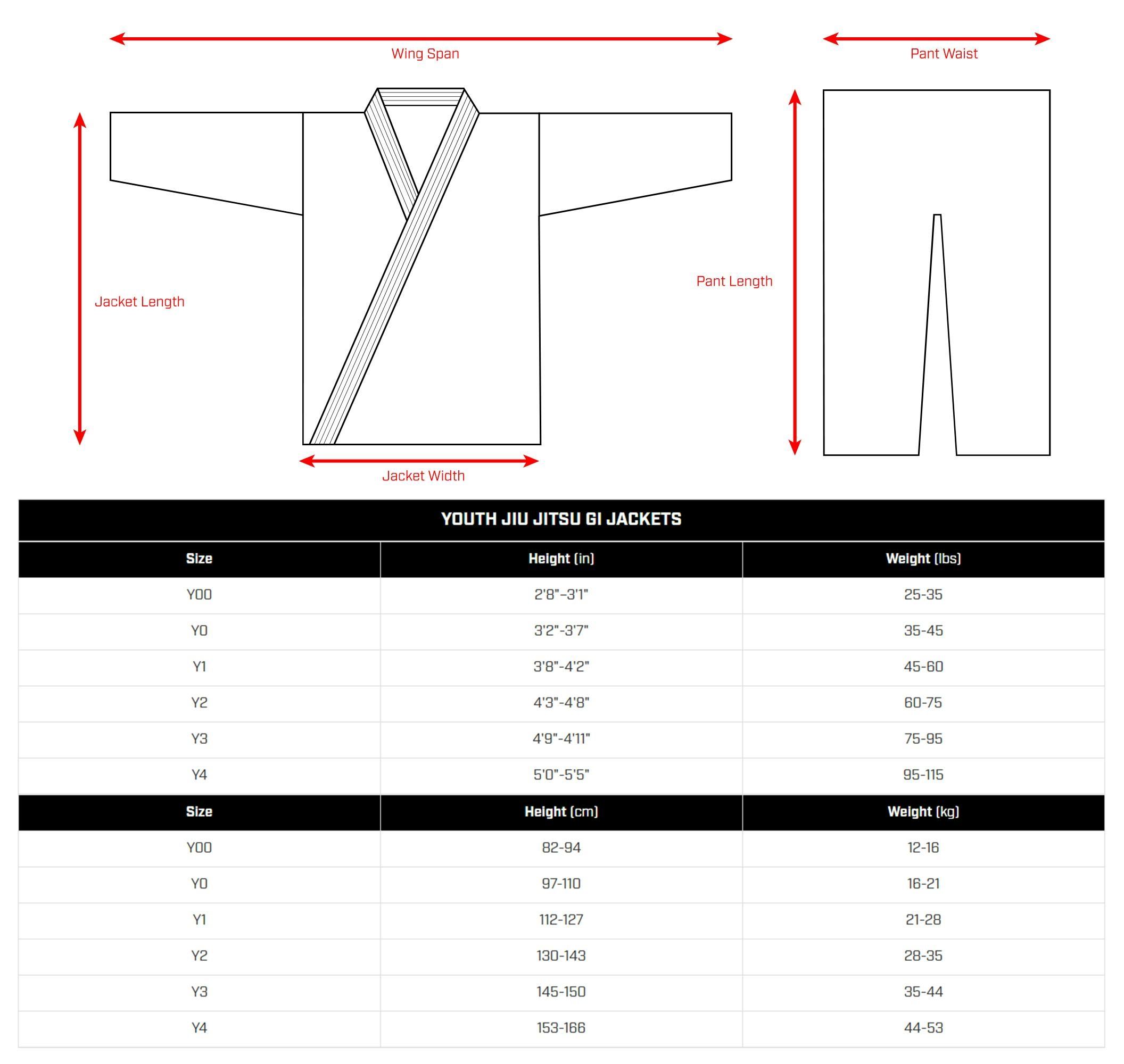 Hayabusa Ascend Youth Jiu Jitsu Gi Size Chart