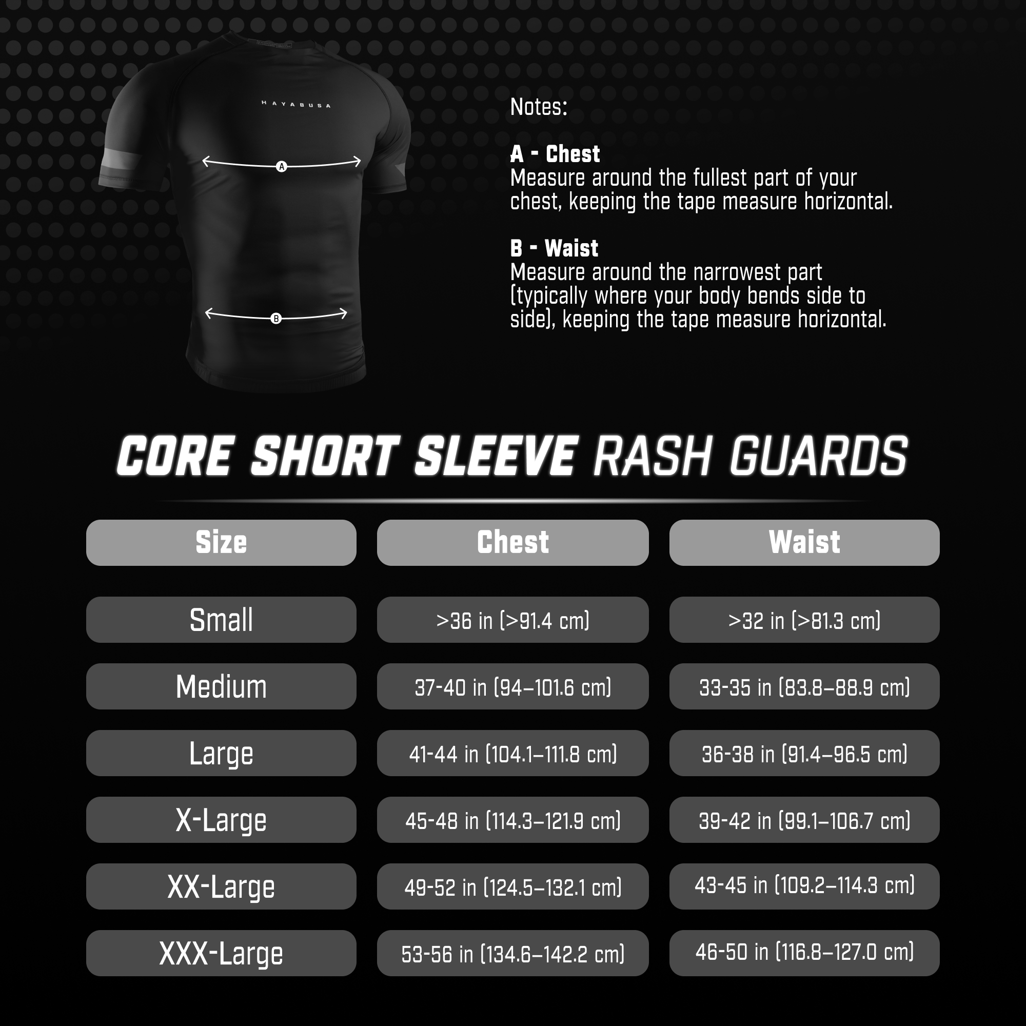 Hayabusa Men’s Core Short Sleeve Rash Guard Size Chart