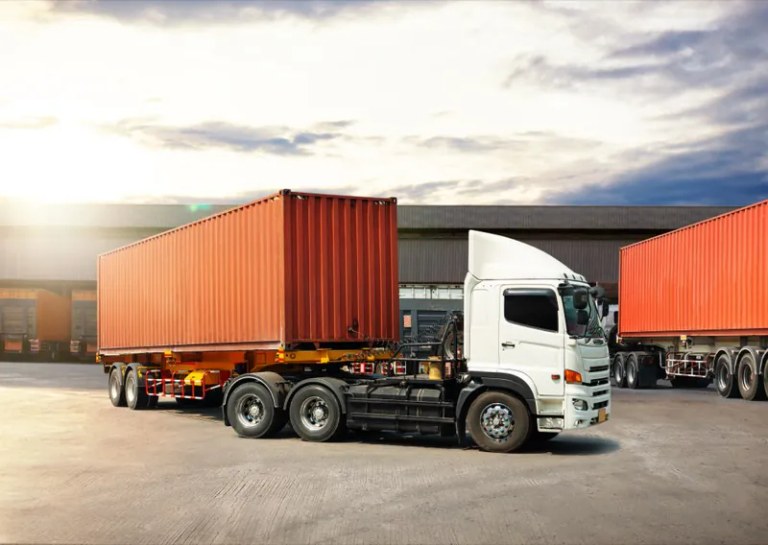 Container lorries parked at a port depot