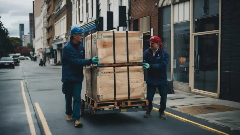 Delivery team wheeling a crated item on a pallet truck through a city street