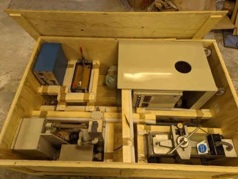 Laboratory equipment individually braced inside a crate