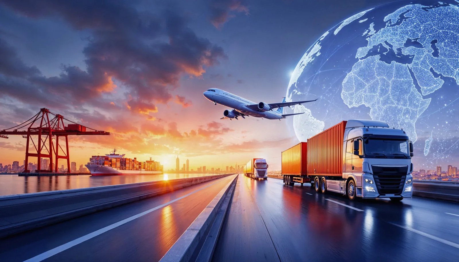 Container ship, cargo plane and freight lorry against a world map