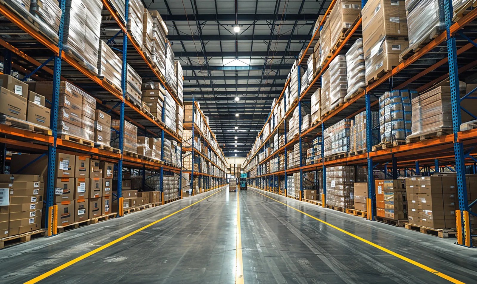 Warehouse aisles with tall racking full of stock