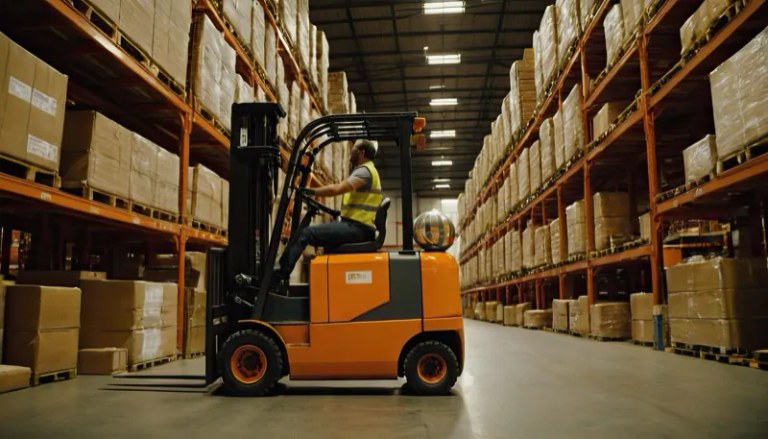 Forklift operator moving pallets in a warehouse aisle