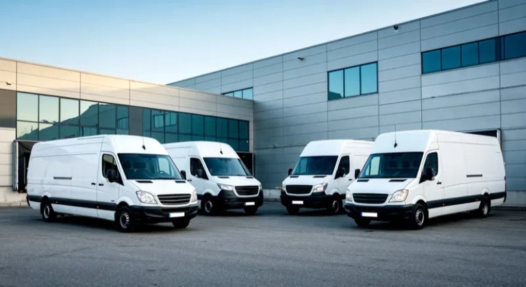 Fleet of white delivery vans parked outside a warehouse