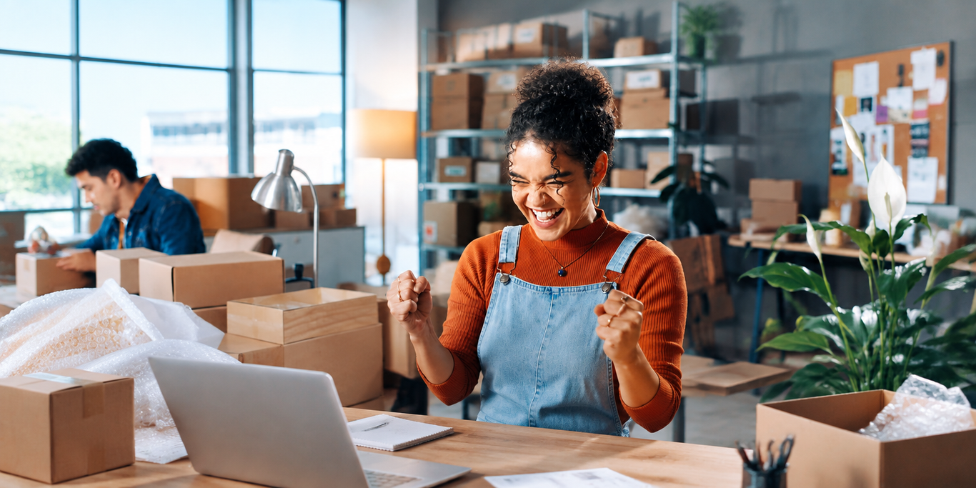 Small business owner celebrating at a laptop surrounded by parcels