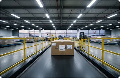 Warehouse conveyor belt with parcels