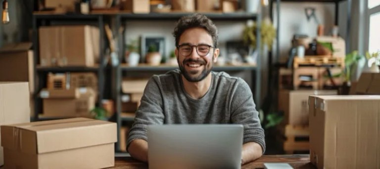 Business owner reviewing shipments on a laptop