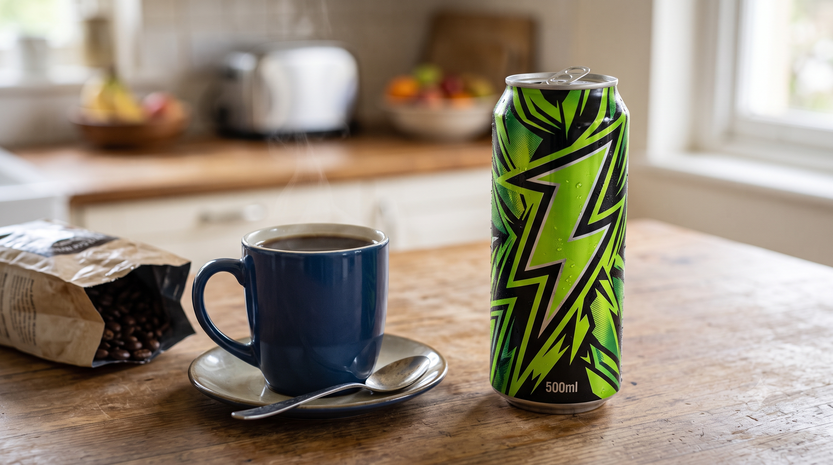 Bilde av en kaffekopp og en energidrikk på et kjøkkenbord