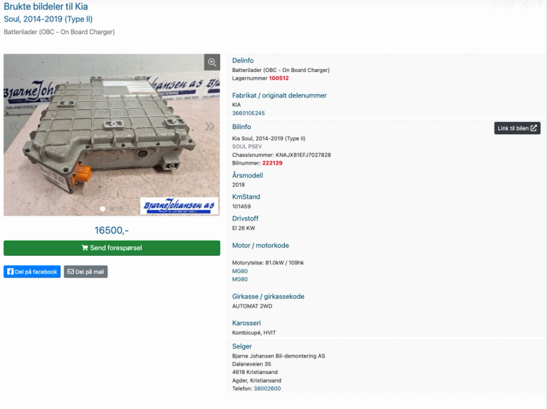 Batterilader til Kia Soul: 16500,- (faksimile finndel.no - 20.02.26)