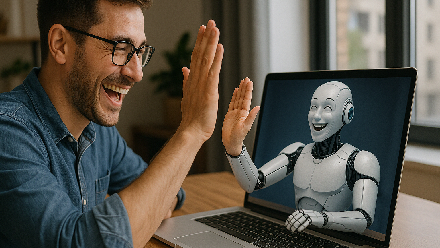 AI-generert bilde av en mann som gir high five til en robot